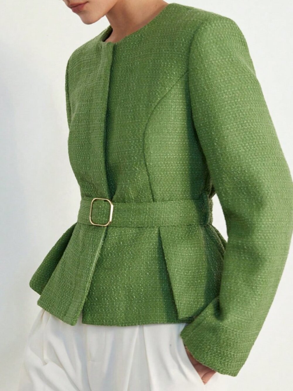 Green Elegant Women's Tweed Blend Round Neck Cinched Waist Casual Blazer Jacket